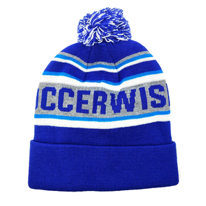 Bonnet rayé bleu avec pompon, unisexe, hiver, taille adulte 56-58 cm, tricoté à la machine, acrylique, style décontracté - Product Image 1