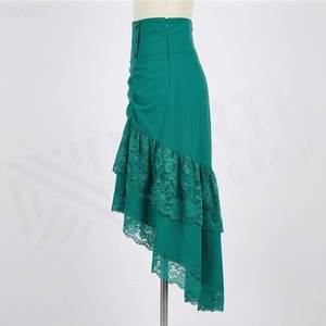 Women High Waist Emerald Green <b>Asymmetrical</b> Lace Skirt Vintage Ruched Ankle-Length Solid Design - Product Image 3