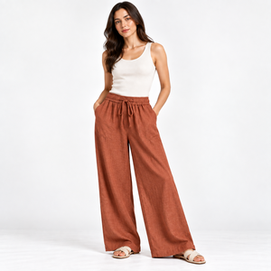 100% Linen Wide Leg Elastic Waist Women Pants Casual Wear <b>Trouser</b> High Quality Sustainable <b>Summer</b> Wholesale Supplier - Product Image 4