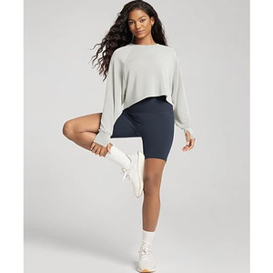 Sweat-shirt de yoga et fitness pour femme, haut décontracté de sport, t-shirt streetwear 100 % coton, manches longues, col rond, crop top automne en molleton - Product Image 2