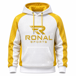 Sudadera con Capucha RONAL SPORTS para Hombre, Blanca y Amarilla, con Estampado Brillante, Tejida, Transpirable, Corte Deportivo, Largo Regular, Logotipo Frontal, para Otoño - Product Image 1