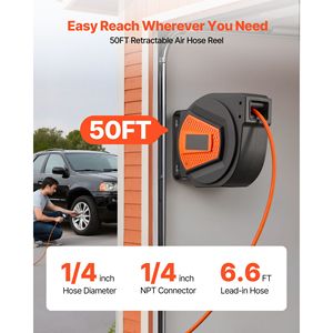 Enrouleur de tuyau d'air rétractable hybride 1/4 pouce x 50 pieds, enroulement automatique, pour tuyaux de compresseur d'air fermés 6.6, pression max. 300 PSI - Product Image 2