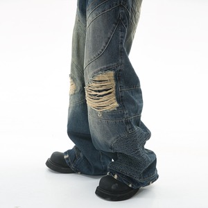 Hot Sale Custom Design Men's <b>Denim</b> Pants Snow Wash Wide Leg Ripped Casual Jeans Quick Dry Loose Fit Cotton Soft - Product Image 4