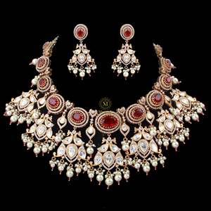 Sundari Gold Plated Zircon Ruby Polki Designer <b>Bridal</b> <b>Necklace</b> & <b>Earring</b> <b>Set</b> - Product Image 2