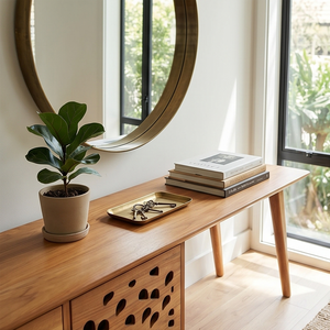Mesa de TV de Madera de Teca Sólida, Consola con Cajones Tallados, Mueble Minimalista para Sala de Estar, Hecho a Mano, Ecológico - Product Image 6