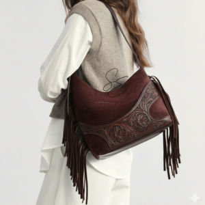 Bolso Hobo de Piel de Ante con Flecos para Mujer, Bolso Tote de Cuero Genuino con Diseño de Cuero Repujado, Bolso de Mano Moderno Estilo Western para Playa, OEM - Product Image 2