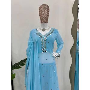 Conjunto de traje de diseñador para mujer con Secuencia de hilo Real Mirror Work - Product Image 1