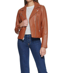 <b>Women's</b> Brown Genuine Leather Moto <b>Jacket</b> Zipper Closure Turn-down Collar Full Sleeve Short Length Autumn Style - Product Image 1