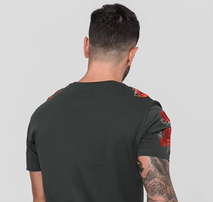 Men's Black Short Sleeve O-Neck T-Shirt Red <b>Rose</b> Embroidery Slim Fit Casual Breathable 100% Cotton Jersey Knitted <b>Top</b> 220 Grams - Product Image 3