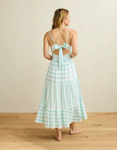 Robe élégante et décontractée pour femmes, bleu et blanc, à rayures florales, asymétrique, taille naturelle, 100% coton tissé, coupe évasée, écologique - Product Image 2