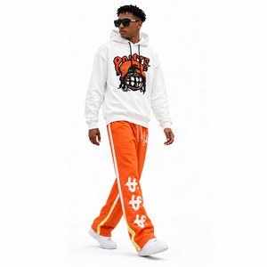 Custom Winter Hooded Streetwear Patch Distressed Embroidered Regular Fit Men Tracksuits Solid Pattern Flare <b>Pants</b> - Product Image 2