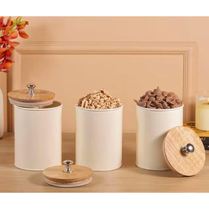 Modern Cream Metal Kitchen Canister <b>Set</b> With Airtight Bamboo Lids 3-Piece Food Storage Jar <b>Set</b> For <b>Coffee</b> <b>Tea</b> <b>Sugar</b> & Pantry - Product Image 1