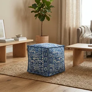 Blue Printed Square Fabric Pouf Ottoman Soft Cushioned Floor <b>Stool</b> Footrest for Living Room Bedroom Home Decor Seating - Product Image 3