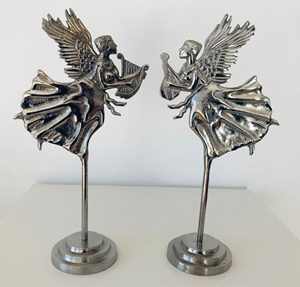 Figurine d'ange en métal argenté de luxe jouant de l'harpe, sculpture de fée volante vintage en métal, artisanat métallique raffiné, décoration pour la maison et le salon - Product Image 2