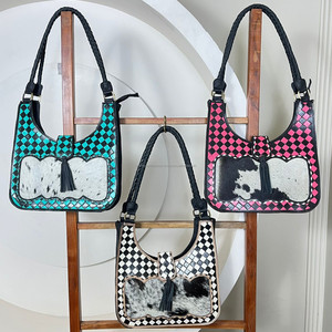 Bolso de Mano de Cuero Vacuno Hecho a Mano de Diseño Personalizado de Marcas de Lujo, Diseño Occidental, Bolso de Hombro a Cuadros Rosa y Negro para Mujer - Product Image 4