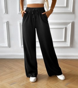 Pantalon droit décontracté en toile pour femme, taille élastique, couleur unie, style automne, avec lacets et poches - Product Image 1