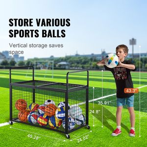 Carrello Portapalloni Sportivi in Metallo con Ruote e Chiusura, Doppio Coperchio, per Interni ed Esterni, Organizzatore per Attrezzature Sportive, Gabbia per Palloni da Basket - Product Image 2