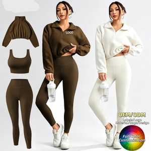 Custom Seamless Fitted Yoga Set Women Cozy 3-Piece Fleece Pullover Winters <b>Workout</b> <b>Jacket</b> Sports Bra High-Waist Leggings - Product Image 1