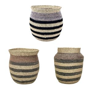 Collection de paniers et de vases en jonc de mer rayé multi-tonalités écologiques SPICE ROUTE avec poignée, design géométrique multifonctionnel - Product Image 1