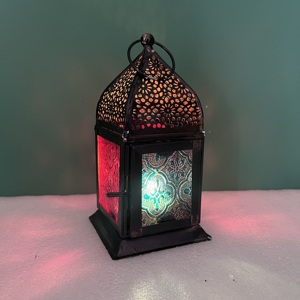 Artisan Design Small Decorative Iron and Color Glass <b>Lantern</b> with Black Finish <b>Mini</b> Home Decoration - Product Image 1