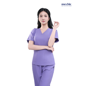 ชุดสครับคอวีสีม่วงสำหรับผู้หญิง แขนสั้น ชุดยูนิฟอร์มโรงพยาบาล ผ้าทอผสมคอตตอนและโพลีเอสเตอร์ พร้อมกางเกง - Product Image 4