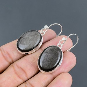 Boucles d'oreilles de luxe faites à la main en obsidienne argentée, en argent sterling 925 avec sertissage clos, bijoux de mode uniques et élégants pour anniversaire et soirée - Product Image 3