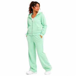 Women Mint Green Hooded Sweatshirt <b>Set</b> Full Length Loose Fit Fleece Tracksuit Casual All Seasons Solid Color Wide Leg Pants Suit - Product Image 3