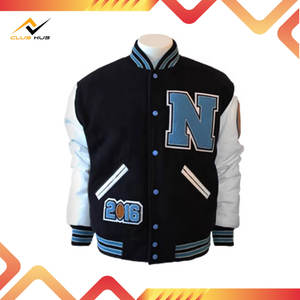 Blouson universitaire avec manches en cuir PU, épaules tombantes, col montant brodé, coupe oversize - Product Image 5