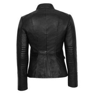 Chaqueta de Cuero Genuino de Cordero para Mujer, Cuello Alto, Cierre de Botones y Cremallera, Estilo Motero, Abrigo de Moda, OEM ODM - Product Image 3