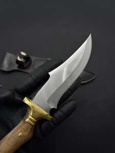 Camping Knife 4116 Stainless Steel Full Tang Partially Serrated Hunting/Skinner Knife with Brass and Wood Handle <b>Leather</b> Sheath - Product Image 6
