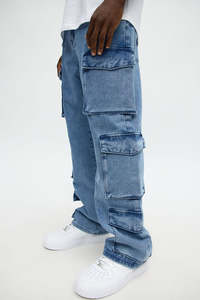 Jeans pour hommes, style streetwear, décontractés, à jambes larges, vintage, effet délavé, coupe ample, cargo, baggy - Product Image 2