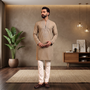 Ensemble Kurta Pajama pour homme, beige, brodé, coupe classique, vêtements traditionnels indiens et pakistanais, décontracté, toutes saisons - Product Image 1