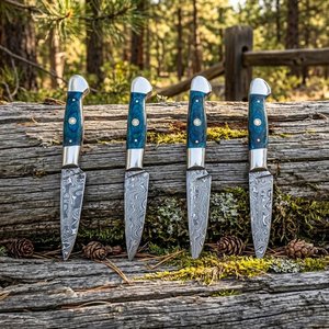 Ensemble de 4 couteaux à steak en acier Damas faits à la main, manche en bois avec étui en cuir, couteaux pliants professionnels de qualité supérieure - Product Image 5