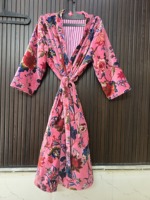 Robe longue en velours rose à imprimé floral pour femme, manches longues, vêtement de détente doux et tissé, tenue décontractée de printemps