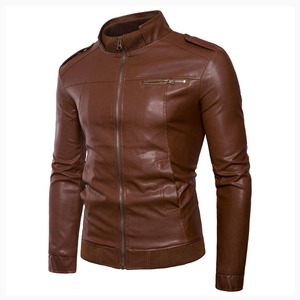 Veste de moto en cuir marron pour homme, col zippé, coupe ajustée, pour l'automne - Product Image 2