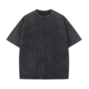 เสื้อยืดคอกลมแขนสั้นทรงโอเวอร์ไซส์สีดำผ้าฝ้ายฟอกสีสไตล์ลำลองสำหรับผู้ชาย - Product Image 1