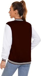 Veste universitaire unisexe marron et blanche avec fermeture éclair, coupe classique, col rabattu, couleur unie, style preppy, vêtement d'automne - Product Image 5