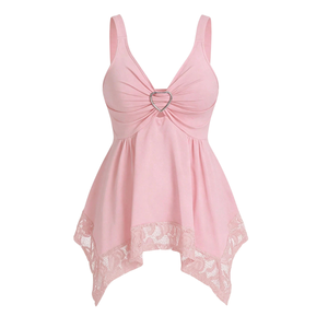 Women <b>Pink</b> Sleeveless <b>Tops</b> <b>Heart</b> Detail Front Gathered Chest Lace Trim Hem Casual Summer Fashion Party Wear Stylish Blouse - Product Image 1