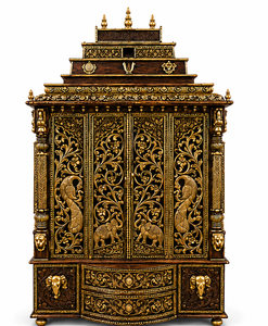 Mandir Tradicional de Madera de Teca Tirupati Balaji con Puertas Talladas con Motivos de Pavo Real, Acabado en Oro Antiguo, Templo para el Hogar Tallado a Mano con Espacio de Almacenamiento, EE. UU. - Product Image 2