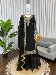 Elegant <b>Party</b> Wear Roman Glass <b>Top</b> Palazzo Set with Dupatta Fancy Sequence Work Embroidered Sleeves Outfit - Product Image 5