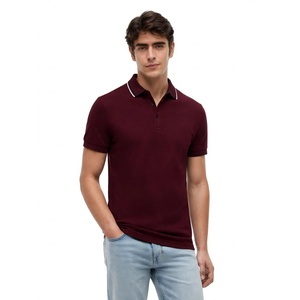 Polo de Manga Corta Color Borgoña para Hombre, con Ribete en Contraste, Casual, para Golf, Tenis, Algodón y Elastano, Corte Ajustado, Transpirable, para Uso Diario en Verano - Product Image 1