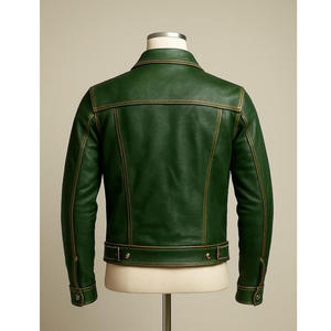 Veste en cuir véritable verte pour homme, col rabattu, fermeture à boutons, manteau décontracté d'automne - Product Image 2