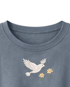 T-shirt court femme bleu acier avec broderie florale colombe, manches courtes, décontracté, en mélange de coton doux, haut d'été pour femme, vente en gros - Product Image 6