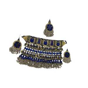 Antique Gold Afghan Tribal Kuchi Jewelry <b>Set</b> For Women Featuring Large Reflective <b>Crystals</b> In Choker Necklace And Long Dangling - Product Image 1