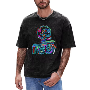 T-shirt décontracté bleu pour homme avec imprimé crâne néon, manches courtes, en coton, pour l'été, avec logo sur le devant, en tissu popeline respirant - Product Image 2