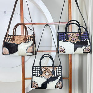 New Fashion Luxury Branded Hand Tooled Checkered Leather Crossbody Tote Bag Western Cowhide Handbag Shoulder Purse for Women's - Product Image 4