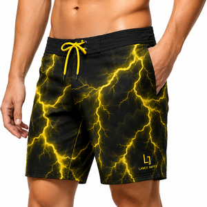 <b>Men's</b> Quick Dry Board Shorts Yellow Lightning Storm Print 4 Way Stretch Surf Swim <b>Trunks</b> Custom Beach Boardshorts Water Sports - Product Image 1