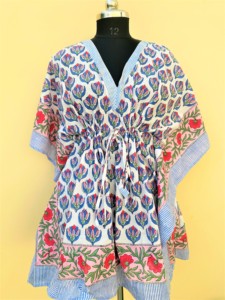 Wholesale Hand Block Printed 100% Cotton Eco-Friendly V-Neck Loose Fit Women's <b>Beach</b> Party <b>Kaftan</b> Dress Summer Holiday - Product Image 5
