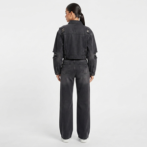 Women's Black Distressed <b>Denim</b> <b>Jacket</b> Set Long Sleeve Ripped Casual <b>Denim</b> Two Piece Women Street Style Jeans Set - Product Image 2