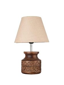 Hand Carved <b>Rustic</b> <b>Table</b> Lamp White Jute Shade Tribal Wooden Pot Base Decorative <b>Bedside</b> Light for Farmhouse Decor - Product Image 4